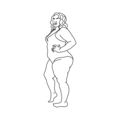 Fat woman. Body positive girl in swimsuit. Outline sketch. Overweight, plus size woman concept. Vector illustration.