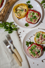 Food photo of breakfast protein omelet in rings with pepper with broccoli and ham filling