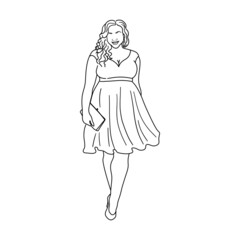 Fat woman. Body positive girl in the dress. Outline sketch. Overweight, plus size woman concept. Vector illustration.
