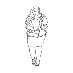 Fat woman set. Body positive girl in a business suit. Outline sketch. Overweight, plus size women concept. Vector illustration.