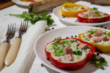Food photo of breakfast protein omelet in rings with pepper with broccoli and ham filling