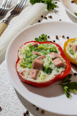 Food photo of breakfast protein omelet in rings with pepper with broccoli and ham filling