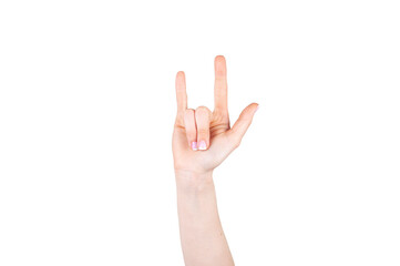Hand making rock sign on white background. Concept of hands and signs. Body language