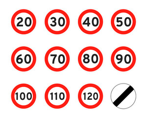 Speed limit 120, 110, 20, 30, 40, 50, 60, 70, 80, 90, 100, round road traffic icon sign flat style design vector illustration set isolated on white background. Circle standard road sign number kmh.