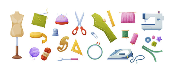 Needlework tools set. Supplies for craft hobby, sewing, knitting, embroidery. Tools for sewing iron, scissors, buttons, wool, knitwear, yarn, thread knitting, wool, knitwear, yarn, meter