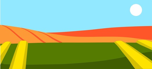 The banner. Nature, autumn fields with sky and sun. Vector. Simple flat style.