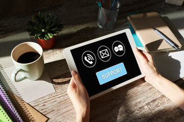 Technical support icons on screen. Call to help center. Internet and technology concept.