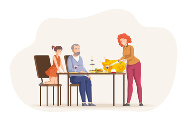 Happy people celebrating Christmas or Thanksgiving day with festive serving table. Family dinner