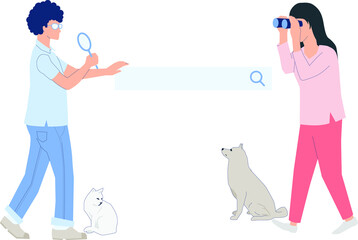 Search New Friends, partner, pets like dog, cat or search your soul mate, lover flat illustration on search with binocular and search lance