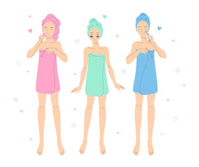 Cute girls in colorful towels after shower. Happy female standing and smiling making skin care procedures. Young women beauty routine treatment, home spa, bath and body works. Colorful flat cartoon.