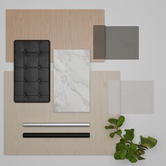 Wood and Leather interior design material board flat lay for architecture or home office decoration inspiration - 3d illustration