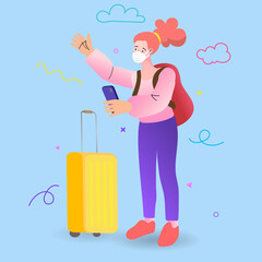 A happy solo female traveler wearing a mask for a safe journey. A young woman with luggage ready for her vacation. A vector concept for safe travel, health insurance, or air pollution protection.