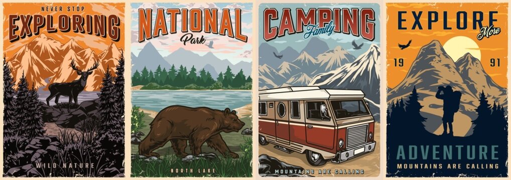 Outdoor recreation colorful posters