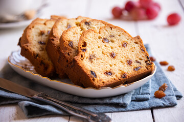 Sweet fruit cake with raisins, delicious baked dessert