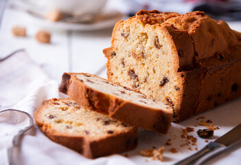 Sweet fruit cake with raisins, delicious baked dessert