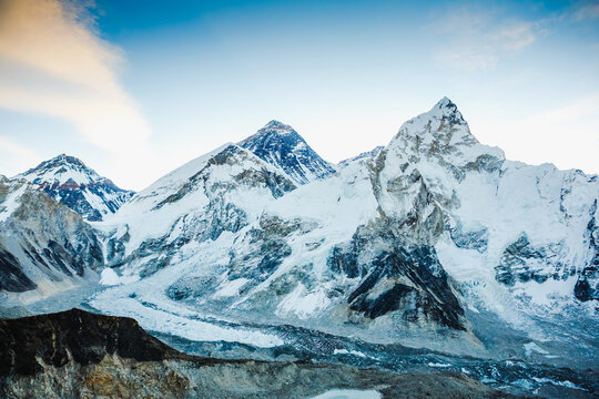 Mount Everest and Nuptse view in Sagarmatha National Park in the Nepal Himalaya