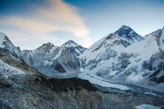 panoramic view of Khumbu Glacier and Mount Everest with beautiful sky - Khumbu valley - Nepal