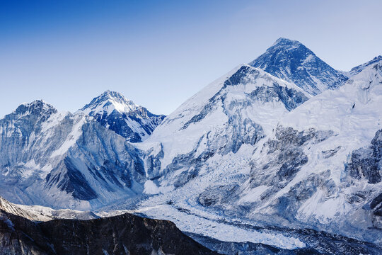 panoramic view of Khumbu Glacier and Mount Everest with beautiful sky - Khumbu valley - Nepal