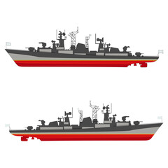 Set of the grey naval ship side view with and without the outline