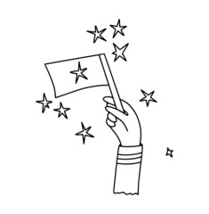 Human hand holding white flag with stars in outline, charity symbol for banner, logo, icon, poster. Social assistance and support, compassion. Vector illustration