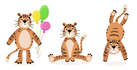 Set of three tigers sitting, standing and jumping, cartoon style in color on white background for new year calendar 2022, t-shirt print, card invitation, nursery poster. Flat vector illustration