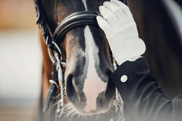 A close-up of the horse's nose and the rider's gloved hand. Dressage horse. - obrazy, fototapety, plakaty