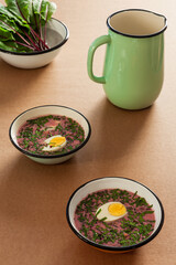 Sorrel soup with halved egg on rustic table in enamel bowls. Summer lunch.