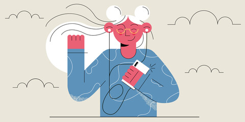 Young woman with her eyes closed holds a mobile phone in her hands, listening to music or an audiobook with headphones. The concept of online music. Abstract character.Flat cartoon vector illustration