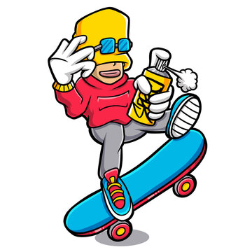 Cool Boys Playing Spray and Skateboard Cartoon