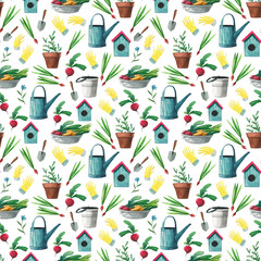 Watercolor illustration on the theme of the harvest. Seamless pattern with gardening tools. A metal bowl with vegetables and herbs, a watering can, a birdhouse, gloves, a spatula, onions and beets. © LittleMiio