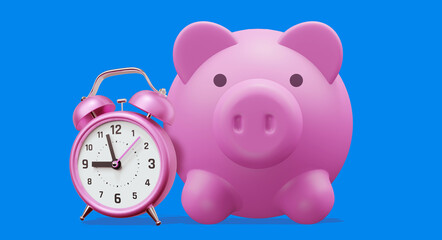 3d illustration of retro pink alarm clock with piggy bank