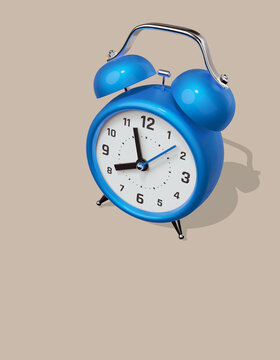 3d vertical illustration of blue retro alarm clock with arrow