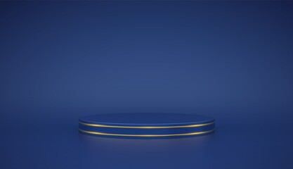 Blue round podium. Scene and 3D platform with gold circle on blue background. Blank Pedestal minimal concept. Advertising, award and win design. Show and sale template. Realistic vector illustration.