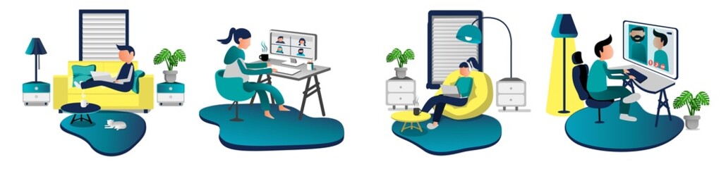 WORK FROM HOME ACTIVITY IN FLAT ILLUSTRATION STYLE AND BLUE COLOUR