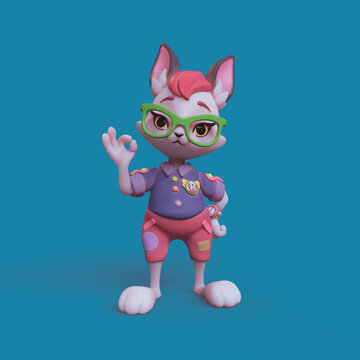 Young smiling scout hare boy dressed in red pants, blue shirt with badges and patches showing okay sign with his fingers. 3d render of a cartoon bunny with bangs in green glasses, compass on his hand.