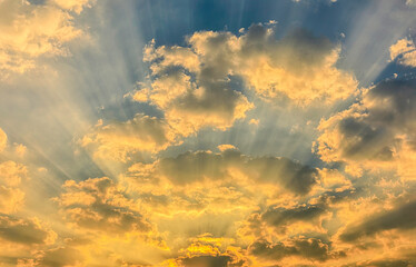 Sunrise panoramic view with sun beam and cloud sky