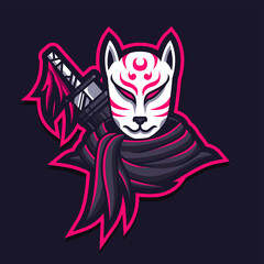 Fototapeta na wymiar Kitsune Mask Assassin Gaming Logo