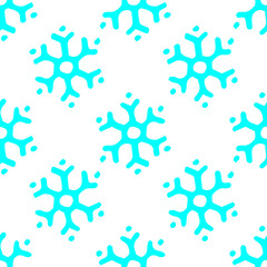 Vector seamless pattern of simple turquoise snowflakes. a pattern of doodle-style snowflakes with dots, bright blue color is evenly arranged on a white background for a winter design template