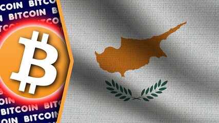 Cyprus Realistic Wavy Flag, Bitcoin Logo and Titles, Circle Neon Effect Fabric Texture 3D Illustration