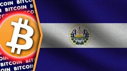 El Salvador Realistic Wavy Flag, Bitcoin Logo and Titles, Circle Neon Effect Fabric Texture 3D Illustration - obrazy, fototapety, plakaty