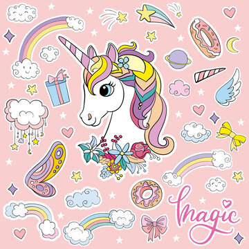 Sticker pack cute cartoon unicorn head vector illustration