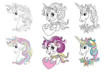 Set of three cartoon unicorns heads coloring vector