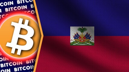 Haiti Realistic Wavy Flag, Bitcoin Logo and Titles, Circle Neon Effect Fabric Texture 3D Illustration