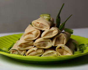 Lumpia is a typical Semarang cake. The spring roll cake is not fried, so the texture is soft. Blurred focus. Spring rolls consist of a thin sheet of wheat flour as a wrapper for the filling of eggs.