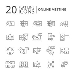 Simple set of online meeting related line icons isolated. Video conference concept. Distance work and learning. Collection of vector elements. Laptop, computer, smartphone, chatting, conferencing