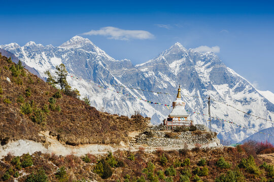 Beautiful landscape of Himalayas mountains with Tenzing Buddhist stupa. Everest Base Camp trek