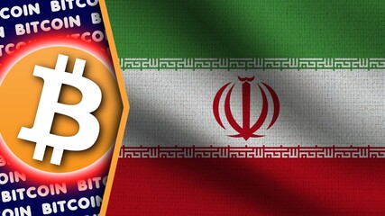 Iran Realistic Wavy Flag, Bitcoin Logo and Titles, Circle Neon Effect Fabric Texture 3D Illustration