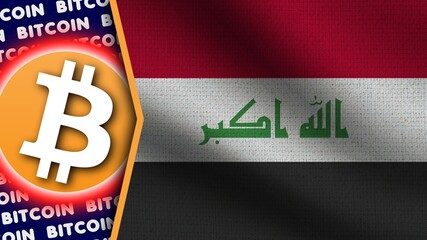 Iraq Realistic Wavy Flag, Bitcoin Logo and Titles, Circle Neon Effect Fabric Texture 3D Illustration