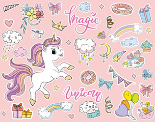 Sticker pack cute cartoon party unicorn vector illustration © alinart