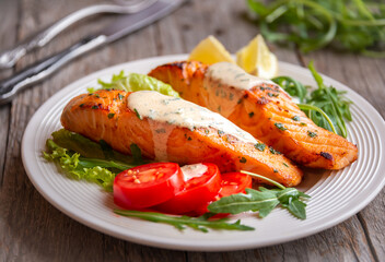 Cooked salmon fish fillet with herbs and vegetables